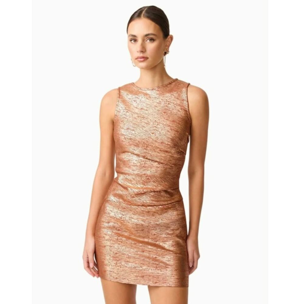 ELLIATT Rhian Metallic Ruched Mini Dress Rust Copper Bronze Bodycon XS Cocktail